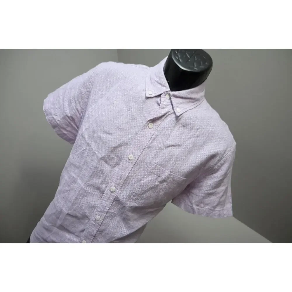 J Crew Button Up Dress Shirt Linen Blend Casual Plaid Short Sleeve‎ Mens Medium
